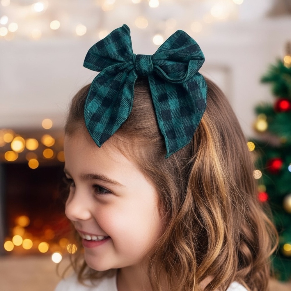 Green Plaid Hair Bow For Kids
